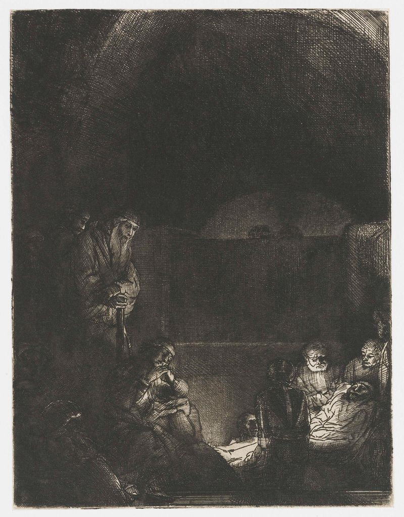 Grabado de Rembrandt van Rijn que muestra figuras en duelo durante La Entierro
