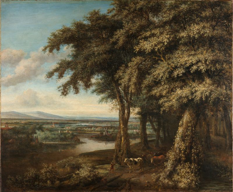 Landscape oil painting by Philips Koninck featuring a river, mountains, and trees