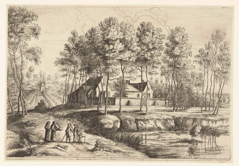 Grabado de Lucas van Uden que muestra un monasterio capuchino rodeado de colinas