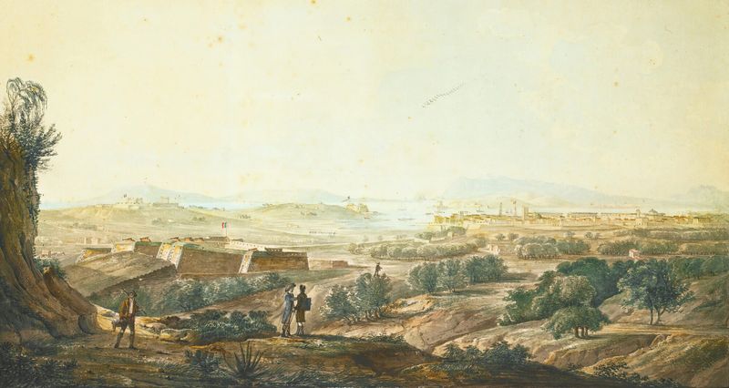 A View Of Toulon From The Fort D’artigues de Jean Rodolphe Gautier, pintura al óleo que representa un paisaje costero.