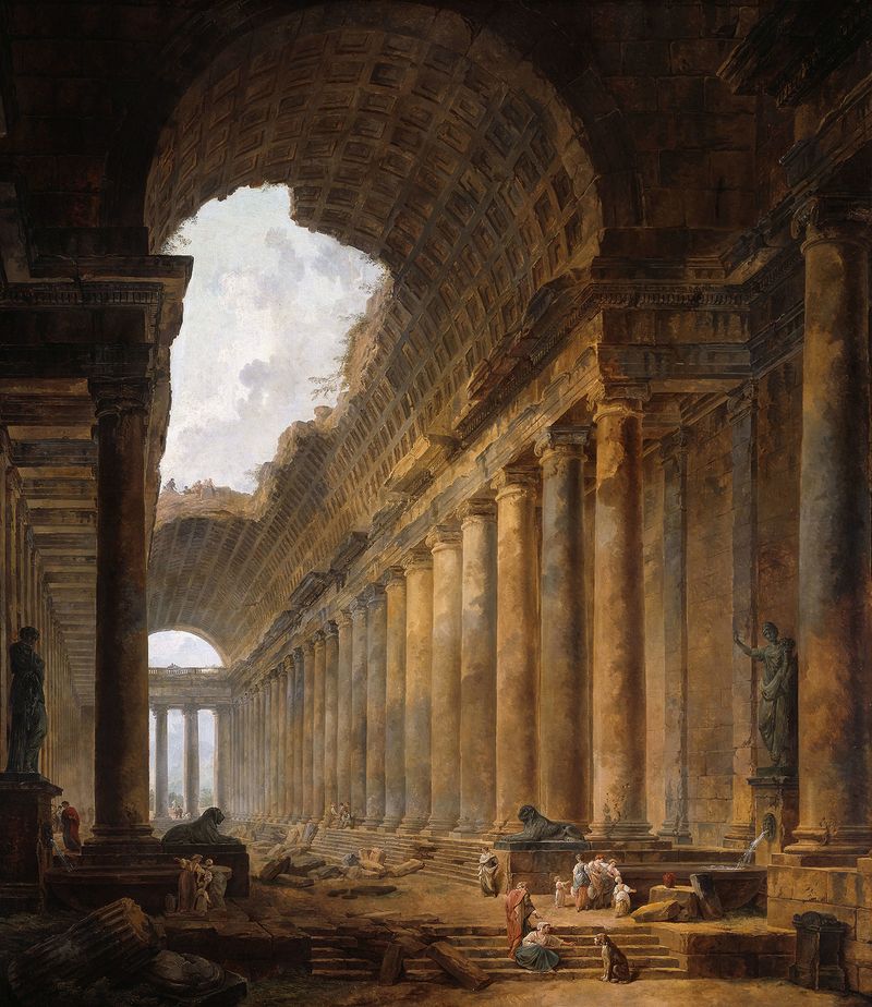 El Viejo Templo de Hubert Robert, óleo sobre lienzo, con columnas en ruinas y vegetación exuberante.