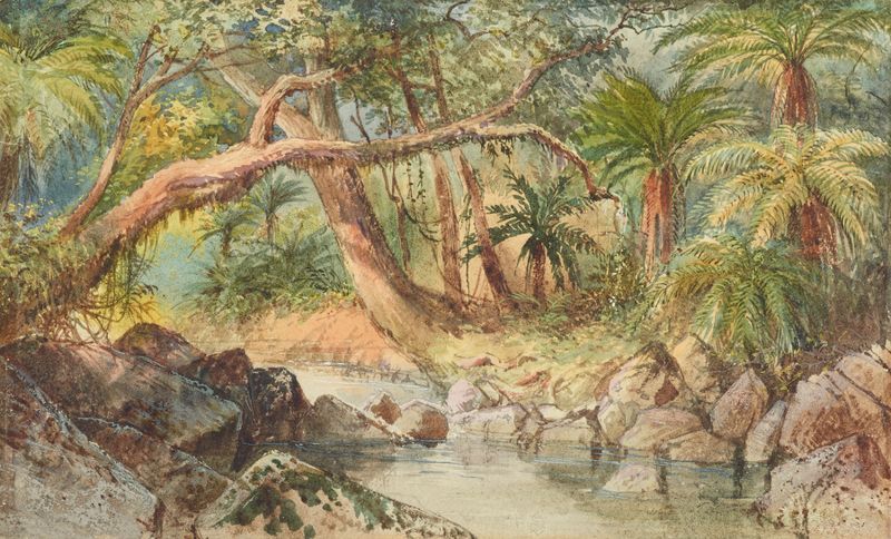 Creek at Holmes Bay de Nicholas Chevalier, pintura a óleo com árvores de fucsia.