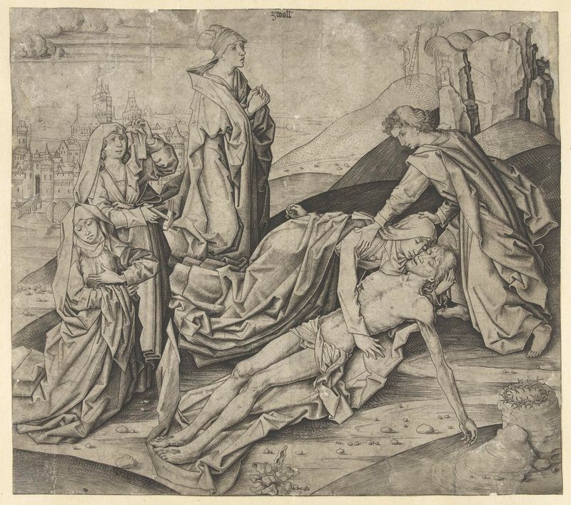 The Lamentation of Christ engraving by Meester IAM van Zwoll, showing Mary mourning over Christ.