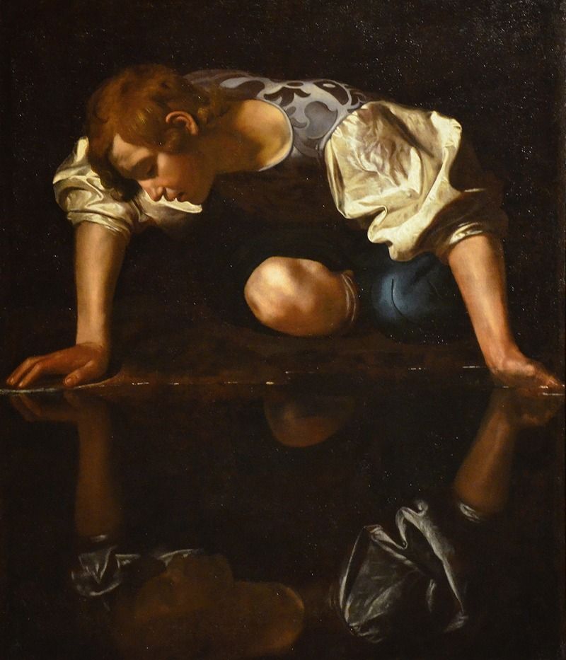 Narcissus gazing at his reflection in water, oil on canvas by Caravaggio