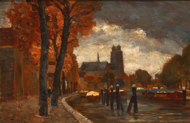A Scene in Dordrecht de Tina Blau, óleo sobre lienzo que representa un paisaje tranquilo con un canal y reflejos.