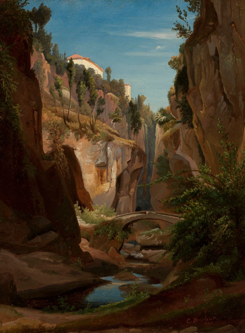Mountain landscape by Chrystian Breslauer, oil painting depicting sunrise over rugged peaks.