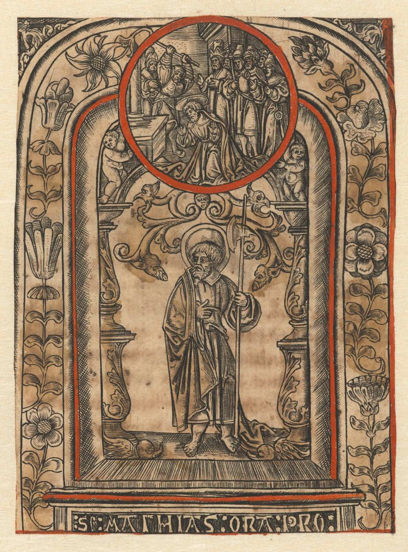 Engraving by Allaert Claesz depicting Matthias, the apostle, in a moment of martyrdom.