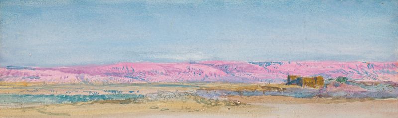 Paisaje montañoso en óleo de Arthur Ditchfield con picos angulares y un cielo sombrío.