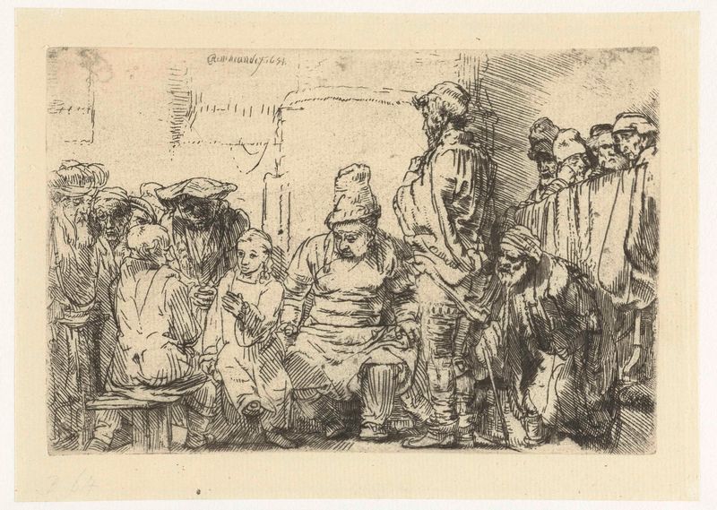 Cristo sentado discutindo com os doutores, gravura de Rembrandt van Rijn