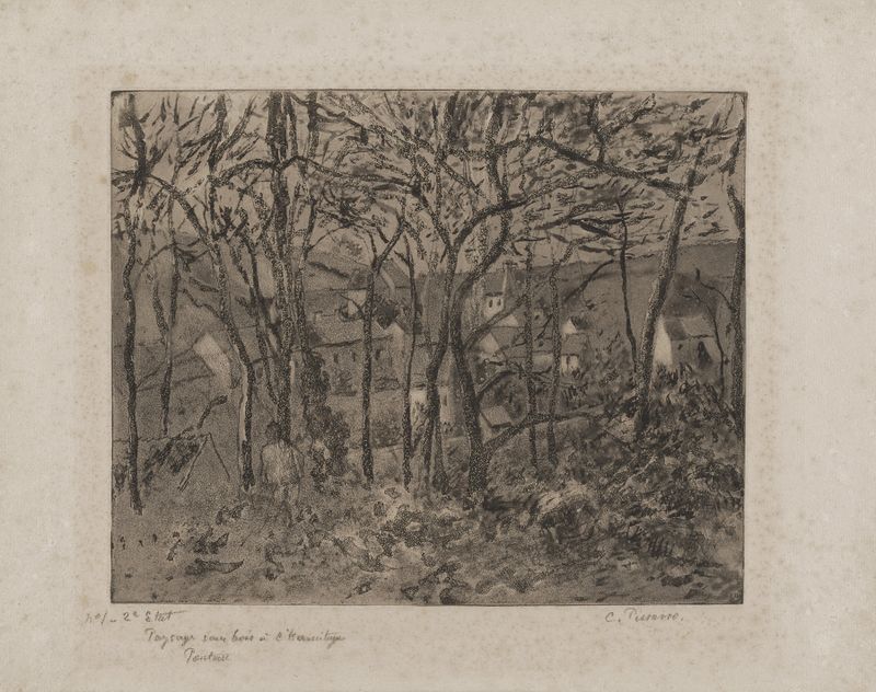 Paisaje boscoso óleo de Camille Pissarro con árboles y un camino sereno