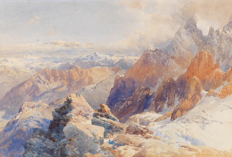 Col du Géant, oil on canvas by Edward Theodore Compton, depicting mountains and clouds under a bright sky.