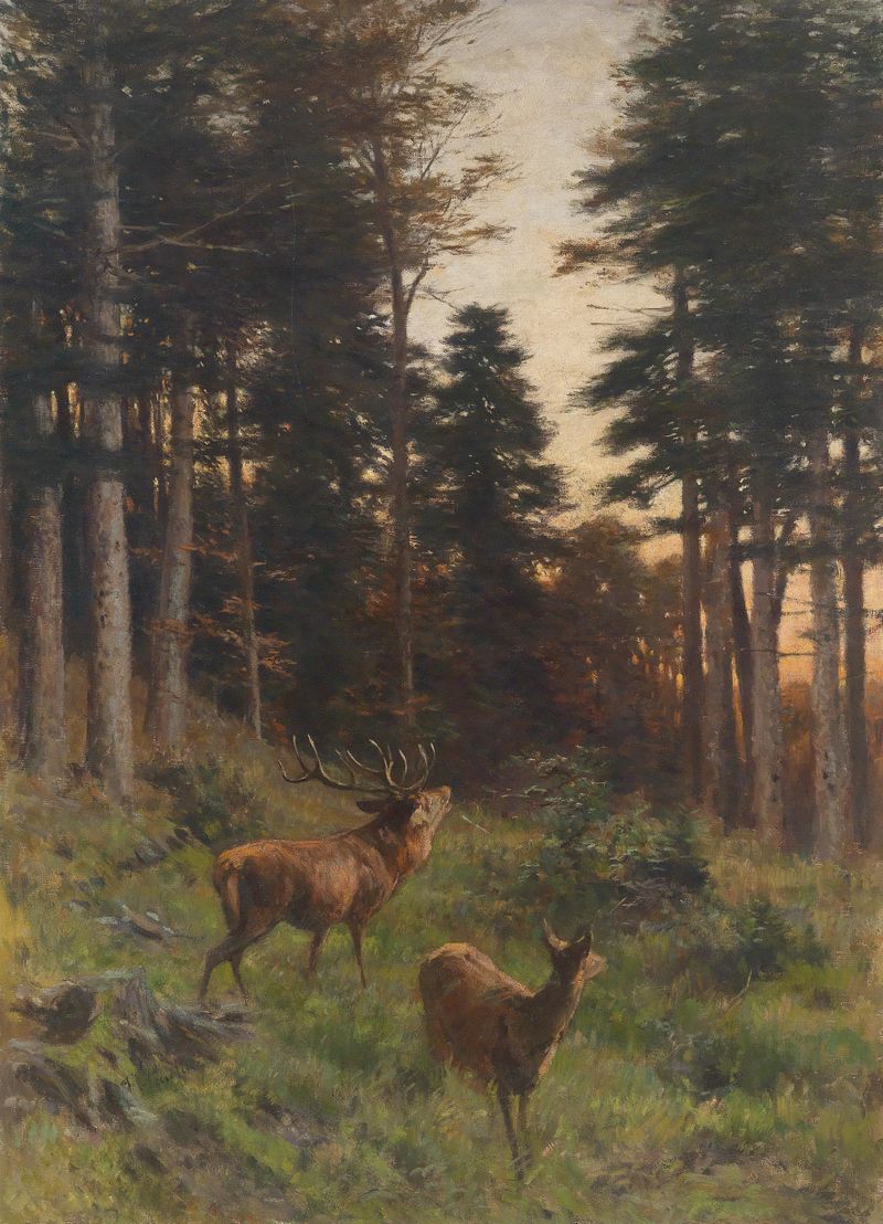 Ciervo en paisaje crepuscular, pintura al óleo de Franz Xaver von Pausinger