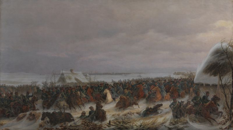 Historical scene with figures in a battle, oil painting by Jørgen Sonne