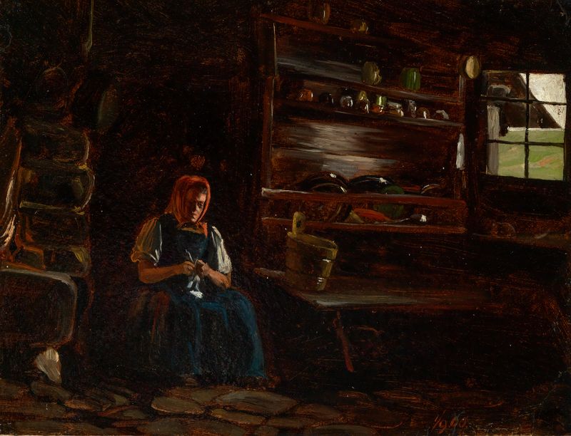 Cena interna de uma cozinha com luz dourada, pintura a óleo de Eugen Bracht