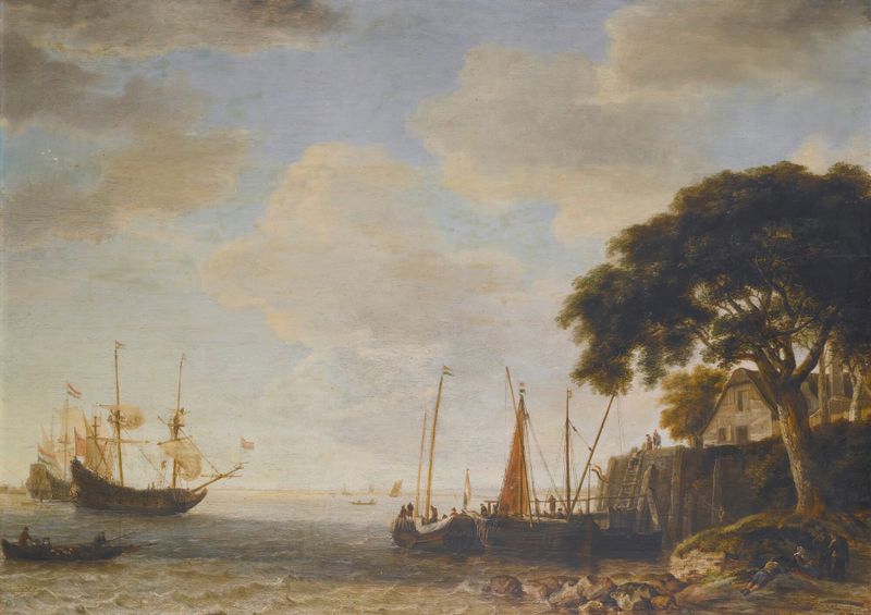 Coastal landscape oil painting by Jeronymus van Diest featuring a Dutch Kaag and a man of war.