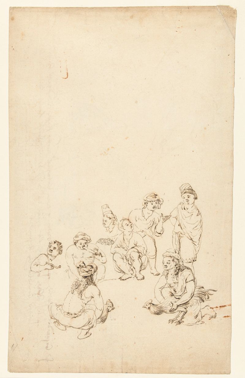 Cena de gênero com figuras em trajes vibrantes de Wouter Schouten, pintura a óleo