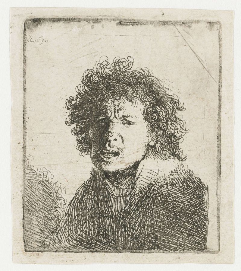 Self-portrait etching by Rembrandt van Rijn showing an intense gaze and open mouth.