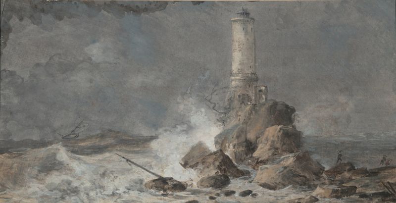 The Lighthouse by Louis Gabriel Moreau, depicting a lighthouse amidst a turbulent ocean, oil painting
