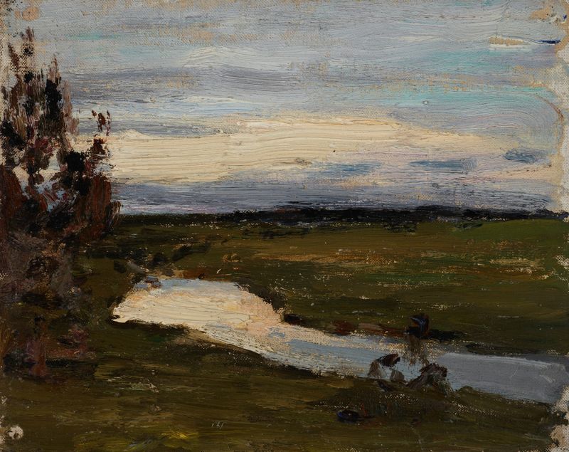 A River at the White Night, pintura al óleo de Jan Ciągliński, que representa una serena escena de río por la noche.