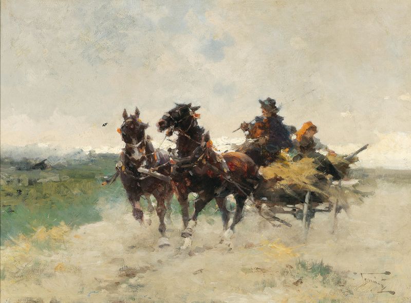 Returning Home From The Fields de Alfredo Tominz, óleo sobre lienzo que muestra a un labrador en silueta contra el atardecer.