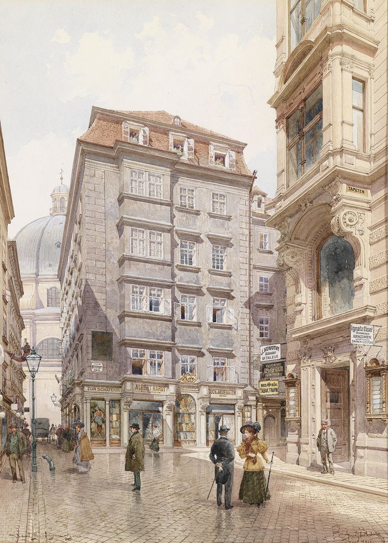 Cena de gênero em óleo de Richard Moser retratando a vida urbana em Freisingergasse