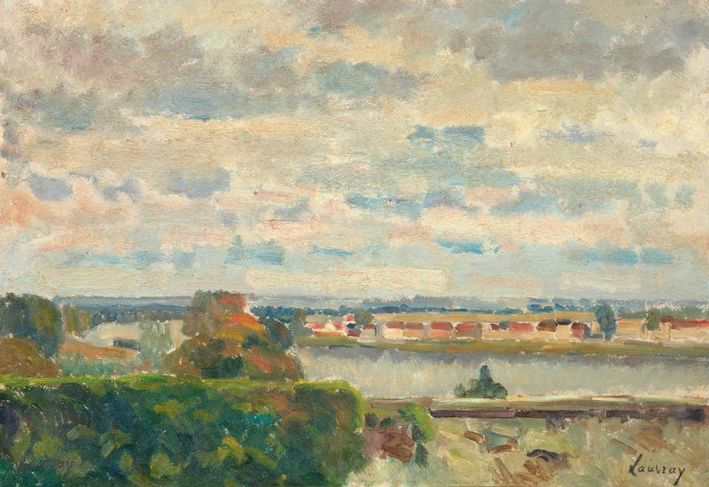 Pintura a óleo de paisagem de Abel Lauvray com um rio e uma aldeia.
