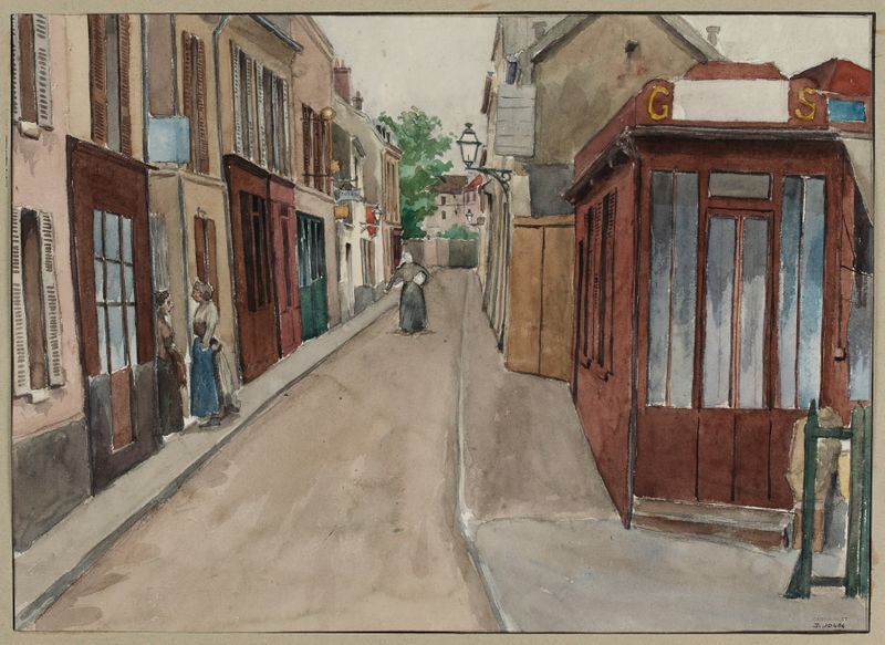 Rue Villafranca de F. Séguin, óleo sobre tela que retrata uma rua com edifícios e sombras.