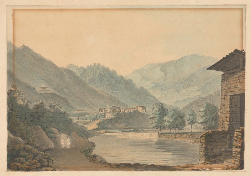 Escena montañosa con edificios y río, óleo sobre lienzo de Samuel Davis