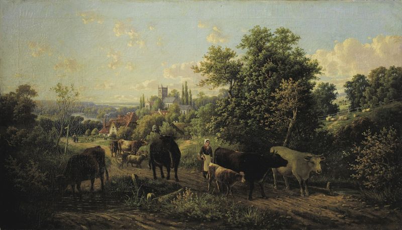 Landscape with Cattle by Josef Wenglein, oil painting depicting cattle in a lush green landscape.
