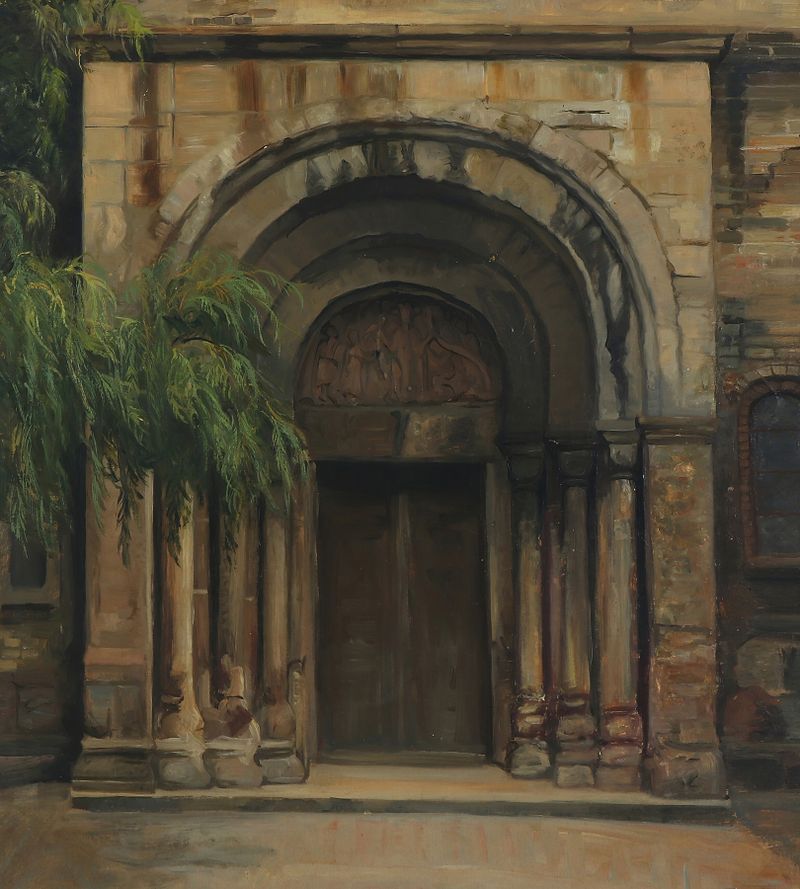 The entrance to Schleswig Cathedral, oil on canvas by Agnes Slott-Møller, featuring intricate stonework.
