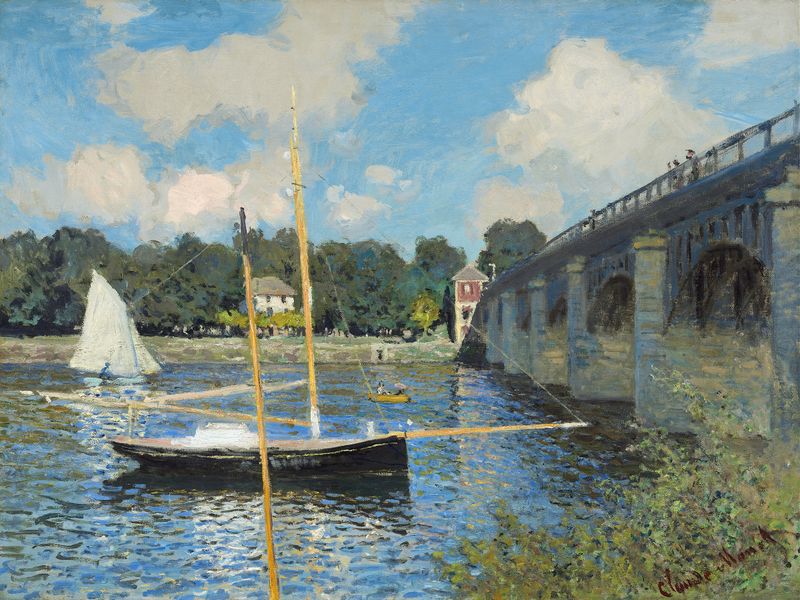 A Ponte em Argenteuil de Claude Monet, pintura a óleo de uma ponte sobre um rio.