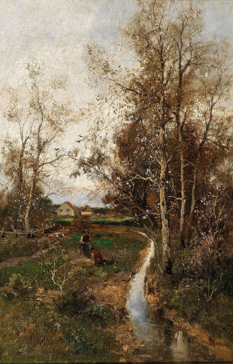 A Springtime Landscape with a Creek de Adolf Kaufmann, pintura al óleo que representa un paisaje sereno con un arroyo.