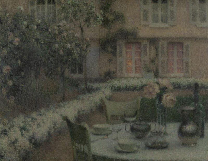 Rustic table set for two with climbing roses by Henri Le Sidaner, oil painting