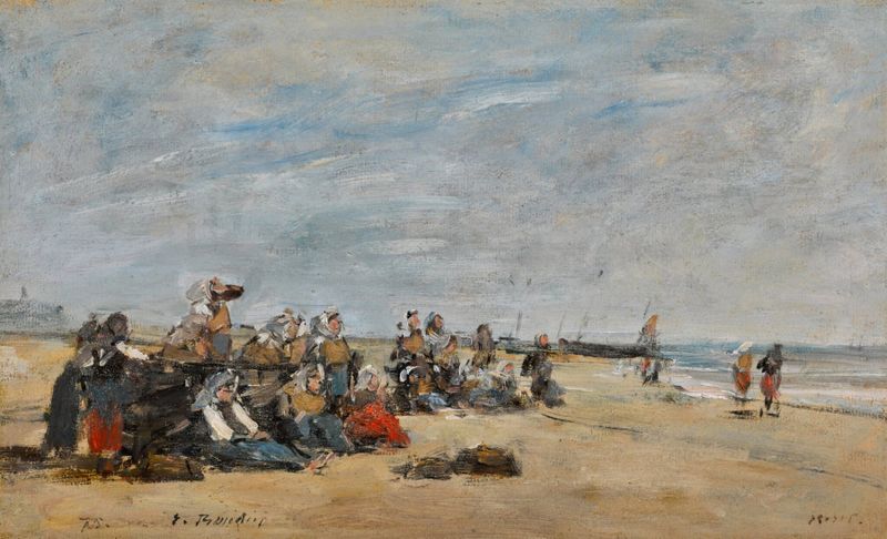 Escena de género que muestra a mujeres pescando en la orilla, óleo de Eugène Boudin