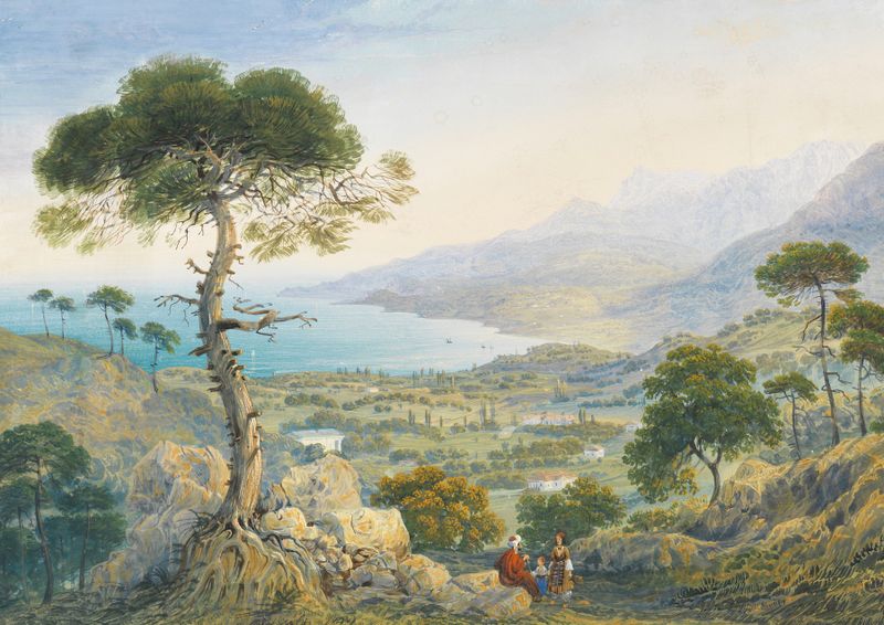 Krimlandschaft mit Meeresbucht by Carlo Bossoli, oil on canvas, depicting cliffs and a tranquil sea.