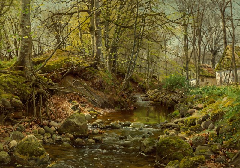 Forest stream oil painting by Peder Mørk Mønsted, sunlight filtering through trees.