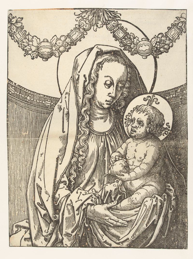 Engraving by Lucas van Leyden depicting Maria with child in golden light