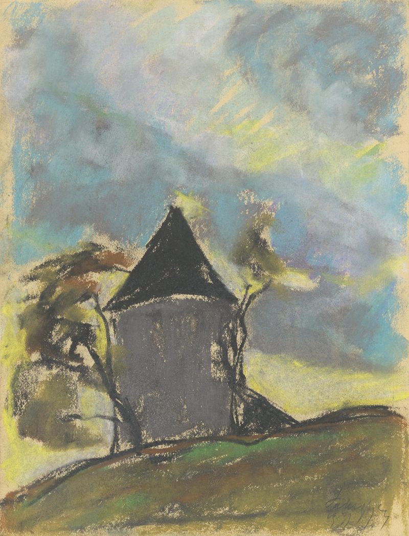 Paisaje con una Torre de Zolo Palugyay, pintura al óleo que muestra una torre en un paisaje sereno.