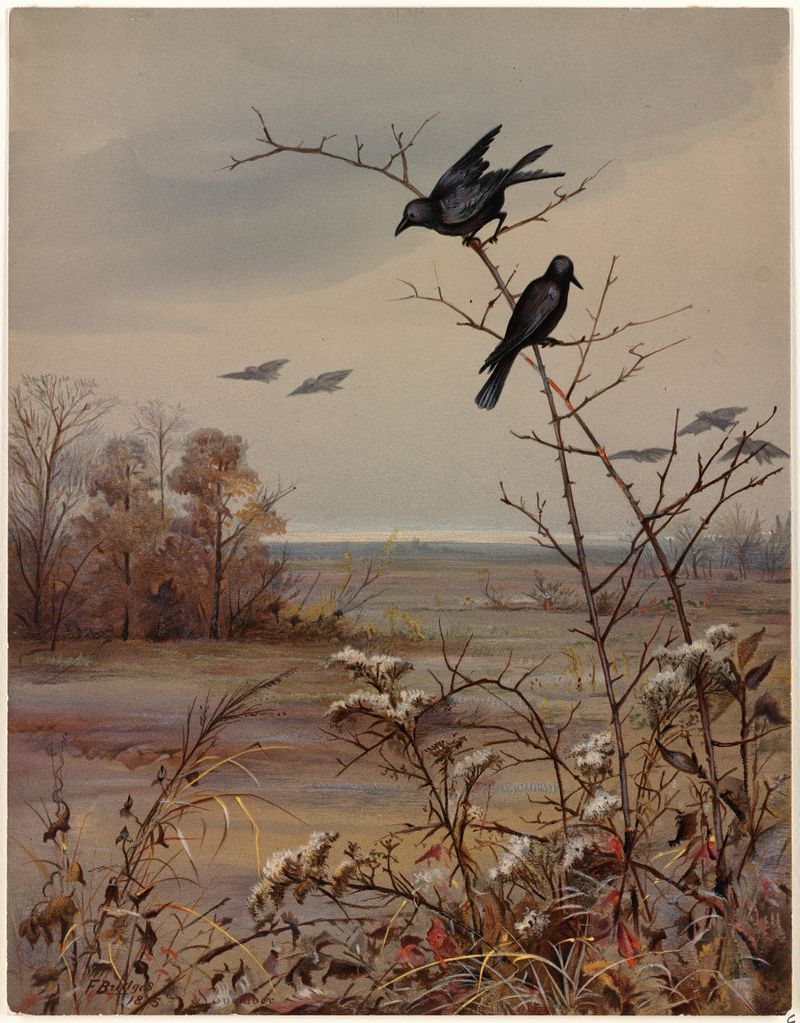 Watercolour by Fidelia Bridges depicting a tranquil landscape at dusk