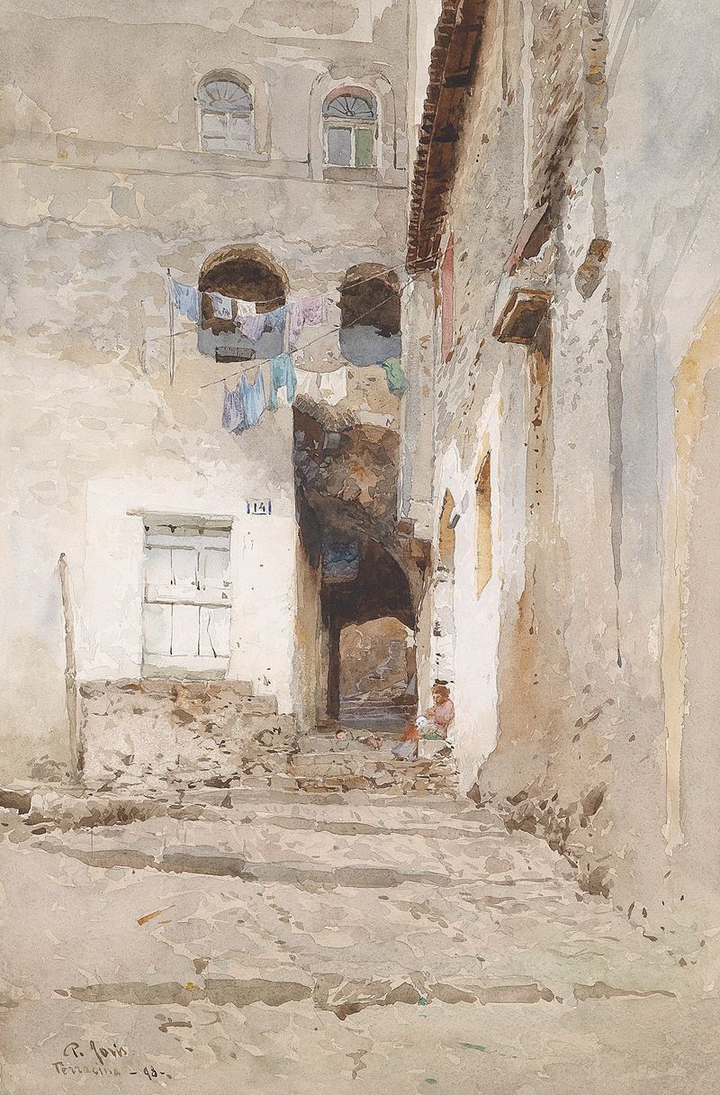Häuser in Terracina de Pio Joris, óleo sobre lienzo, que muestra edificios iluminados por el sol y una calle estrecha.