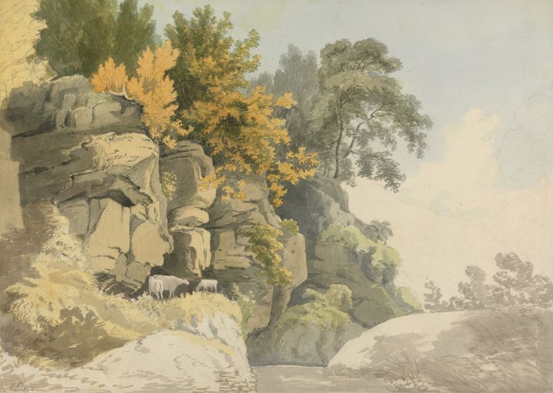 Wooded Rocks by a Stream, oil on canvas by William Day, depicting a serene landscape with a stream and forest.