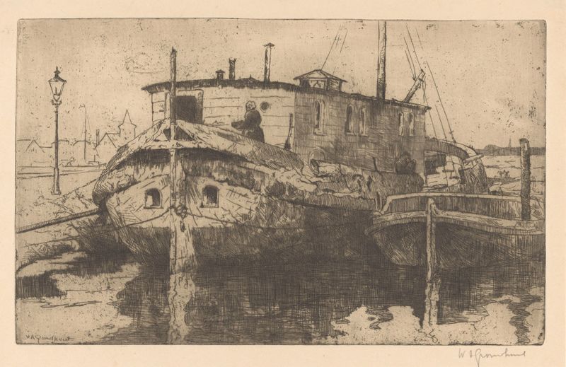 Laakhaven in Den Haag, óleo sobre tela de Willem Adrianus Grondhout, retratando um canal tranquilo ao pôr do sol.