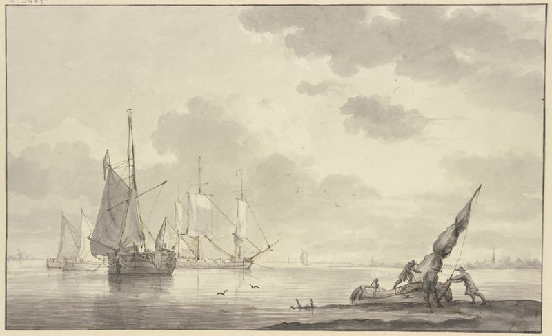 Marine scene by Hendrik Kobell, oil painting depicting calm sea with ships and men preparing a boat.