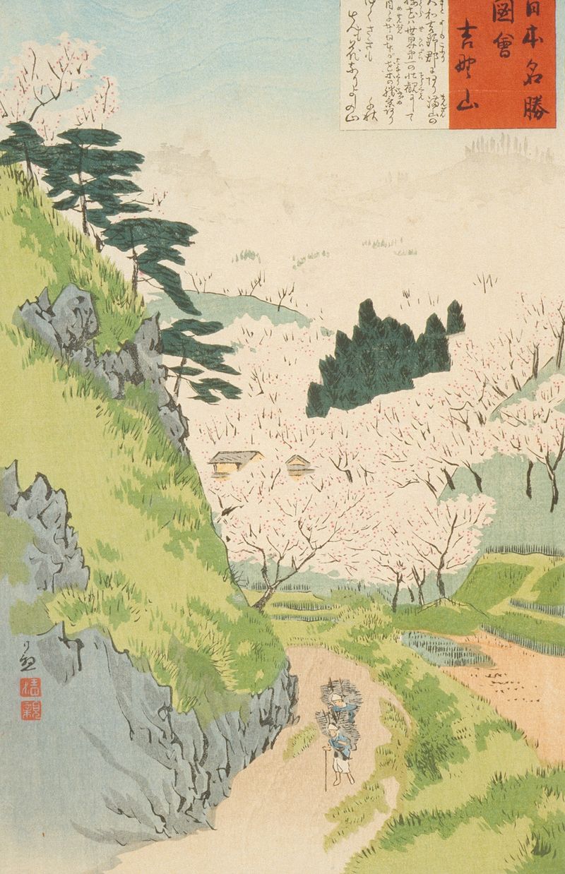 Grabado en madera de Kobayashi Kiyochika que muestra cerezos y un paisaje montañoso