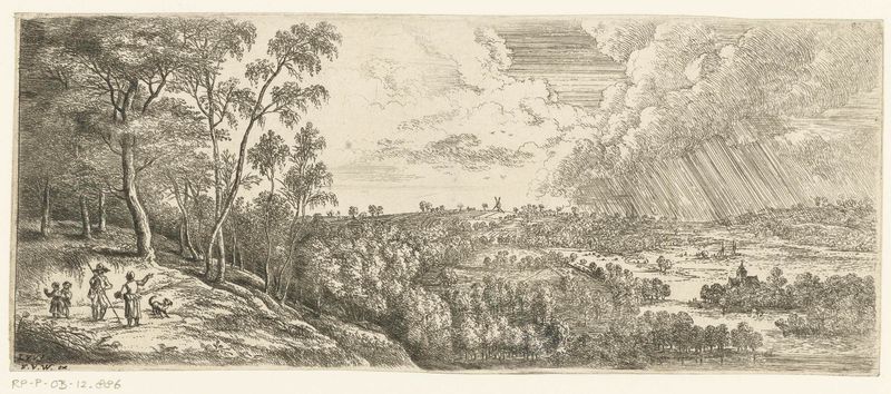 Landschap met een regenbui by Lucas van Uden, etching depicting a stormy landscape with dark clouds