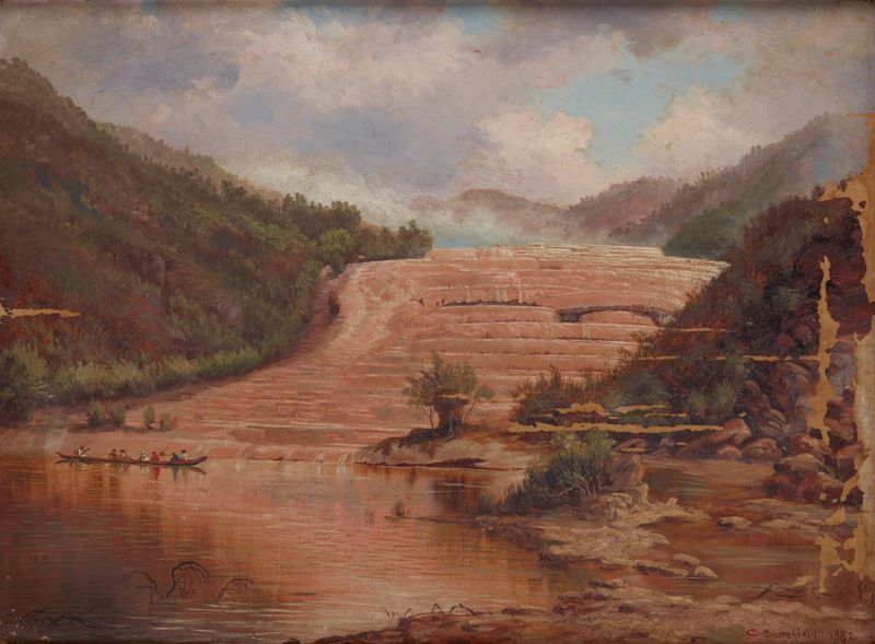 Pink Terraces by Charles Blomfield, oil on canvas depicting vibrant pink landscapes.