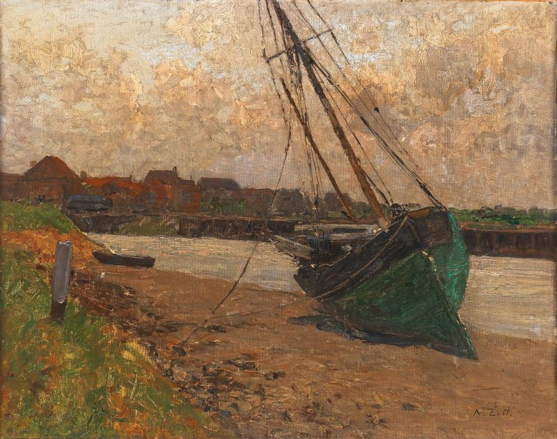 Pintura a óleo de Alfred Zoff mostrando águas tranquilas e um horizonte distante.