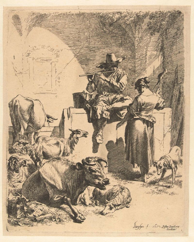 Etching by Nicolaes Pietersz Berchem depicting a shepherd playing flute in a pastoral setting.