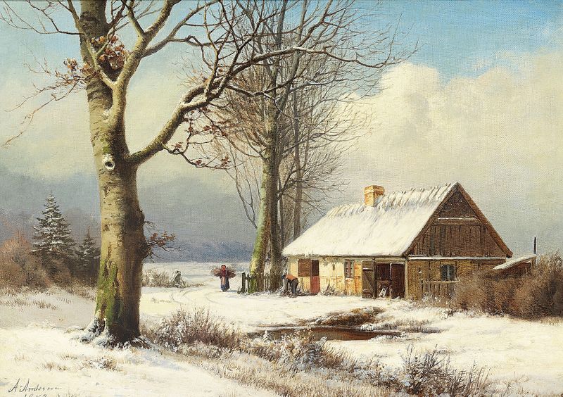 Landscape with figures in nature, oil painting by Anders Andersen-Lundby
