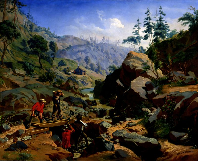 Miners in the Sierras, óleo sobre lienzo de Charles Christian Nahl, mostrando mineros entre pinos.